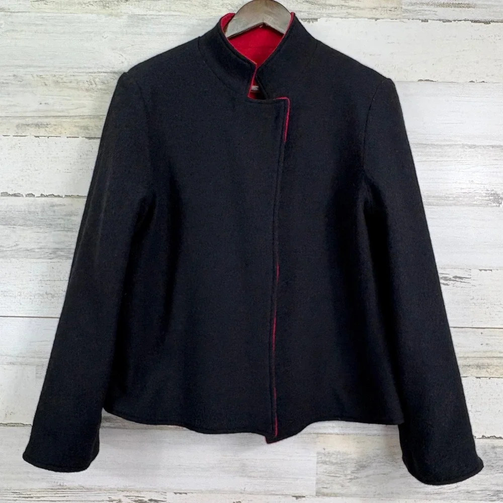 Chicos Red Black Reversible 100% Wool Mandarin Collar Jacket Blazer Sz 2/US 12‎